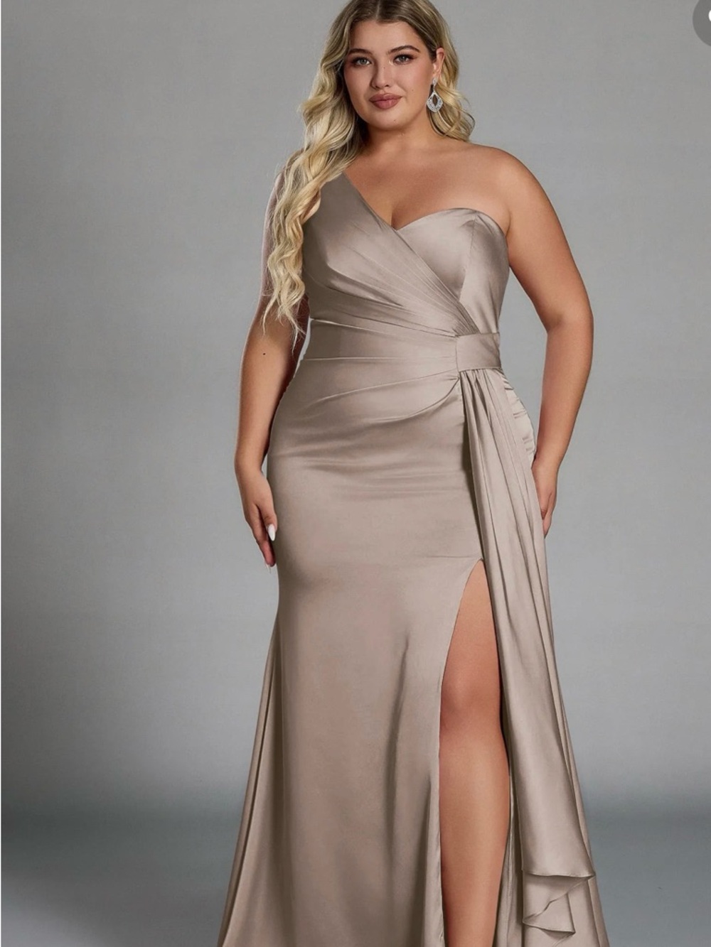 Elegant One-Shoulder Taupe Evening Gown with Side Drape